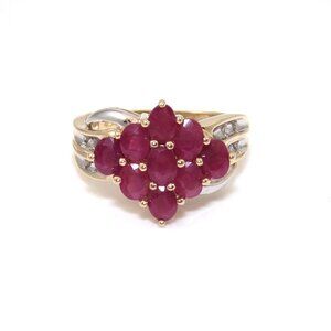 10K Yellow Gold Natural Ruby Diamond Cluster Ring Size 7.5
